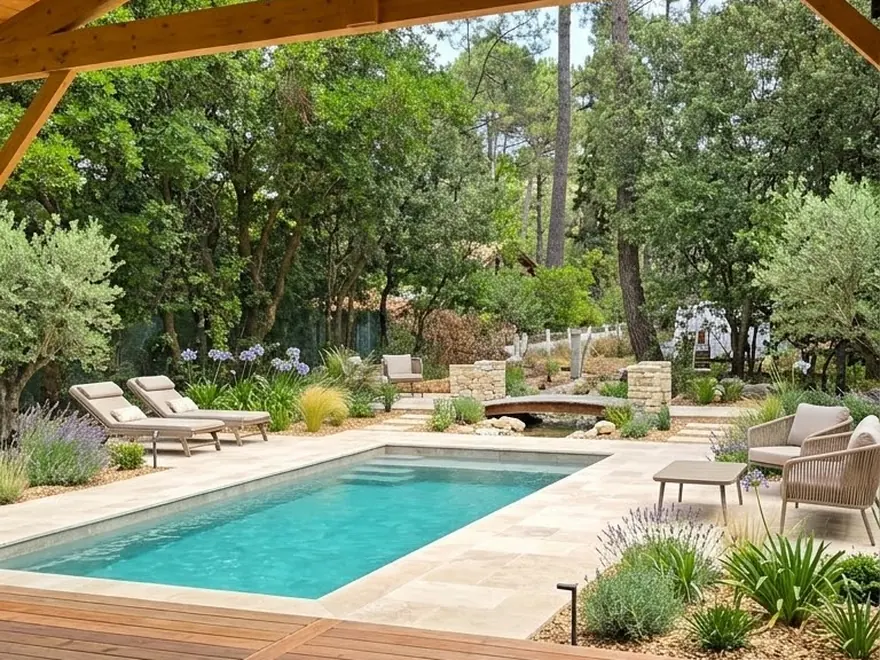 Carbet bois et terrasse au bord d'une piscine